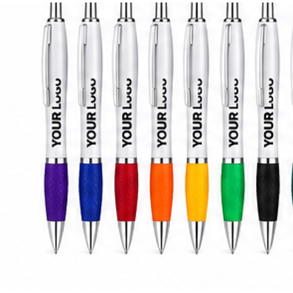 Branded plastic click pen with a coloured barrel and printed logo